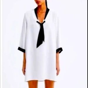 ZARA | Minimalist White Women's Tunic Midi Dress w/ Black Scarf Tie | Small
